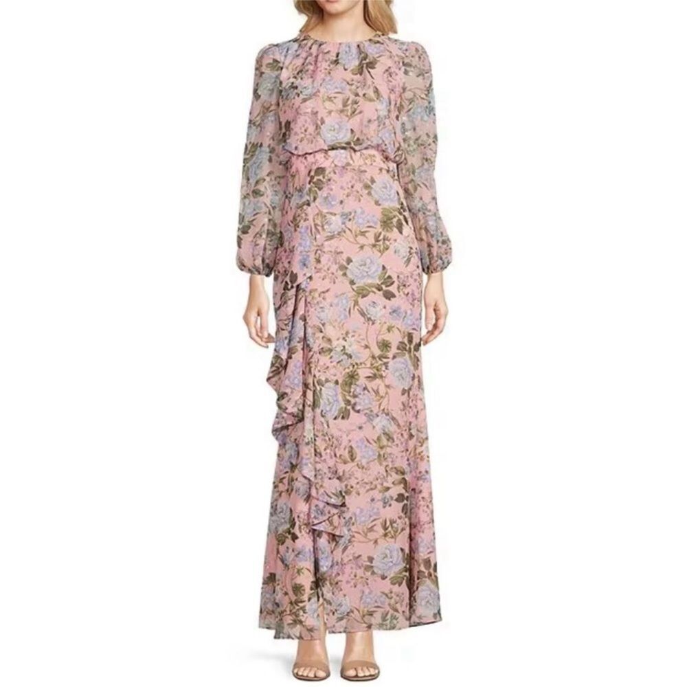 ELIZA J Pink Floral Print Long Sleeve Maxi Dress Front Slit Size 4 6 New